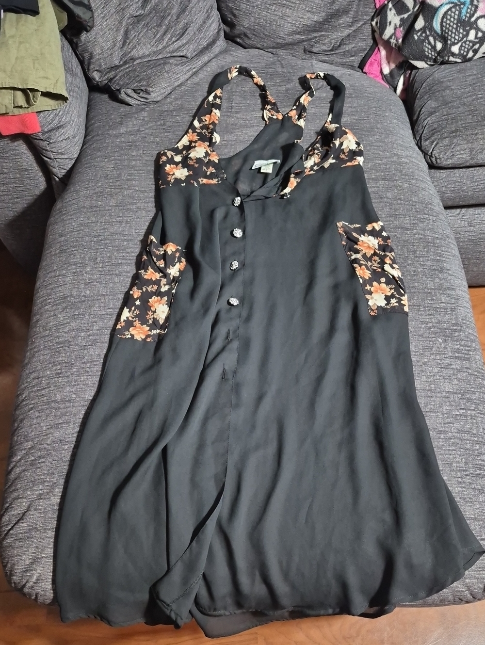 Vintage Sheer Floral-Trim Black Maxi Dress with Button Front